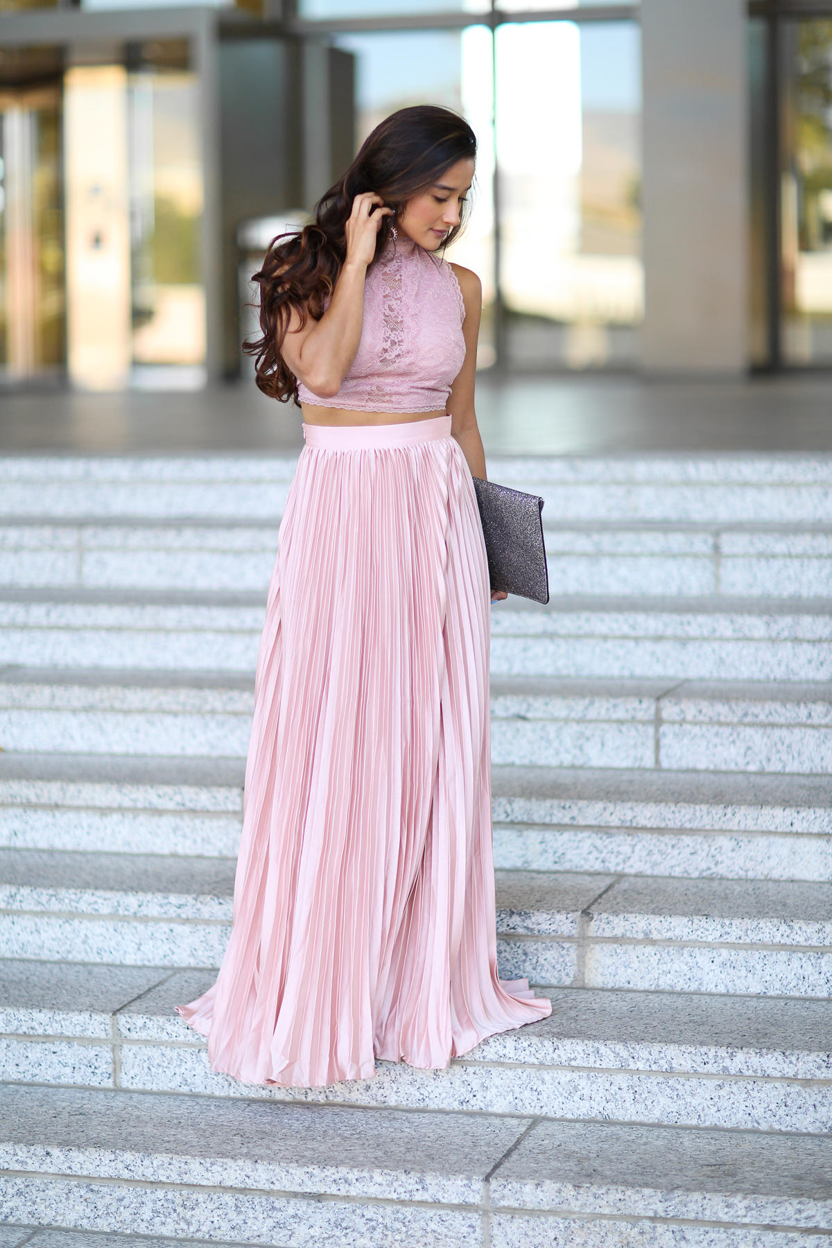 pleated maxi skirt pink