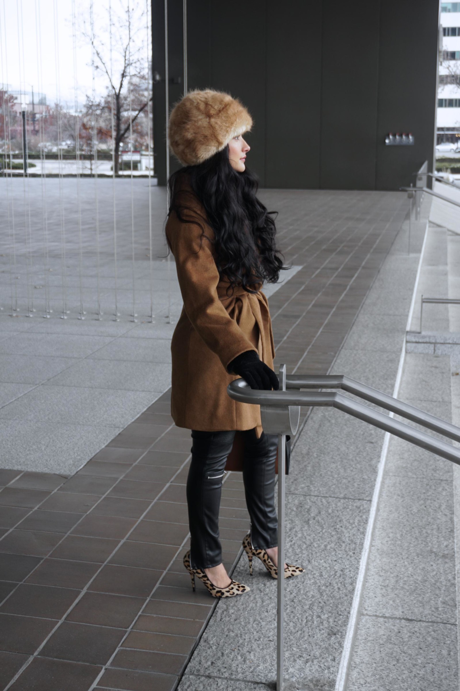 HM Camel Coat, Wool-blend Coat, Zara Fur Hat, Leopard Heels, Stilettos 