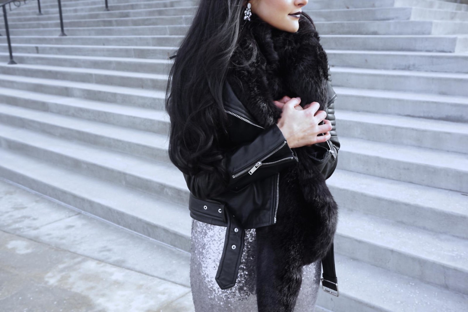 faux fur, zara, sequin skirt, moto jacket, leather, new years eve look, glamour, glamorous