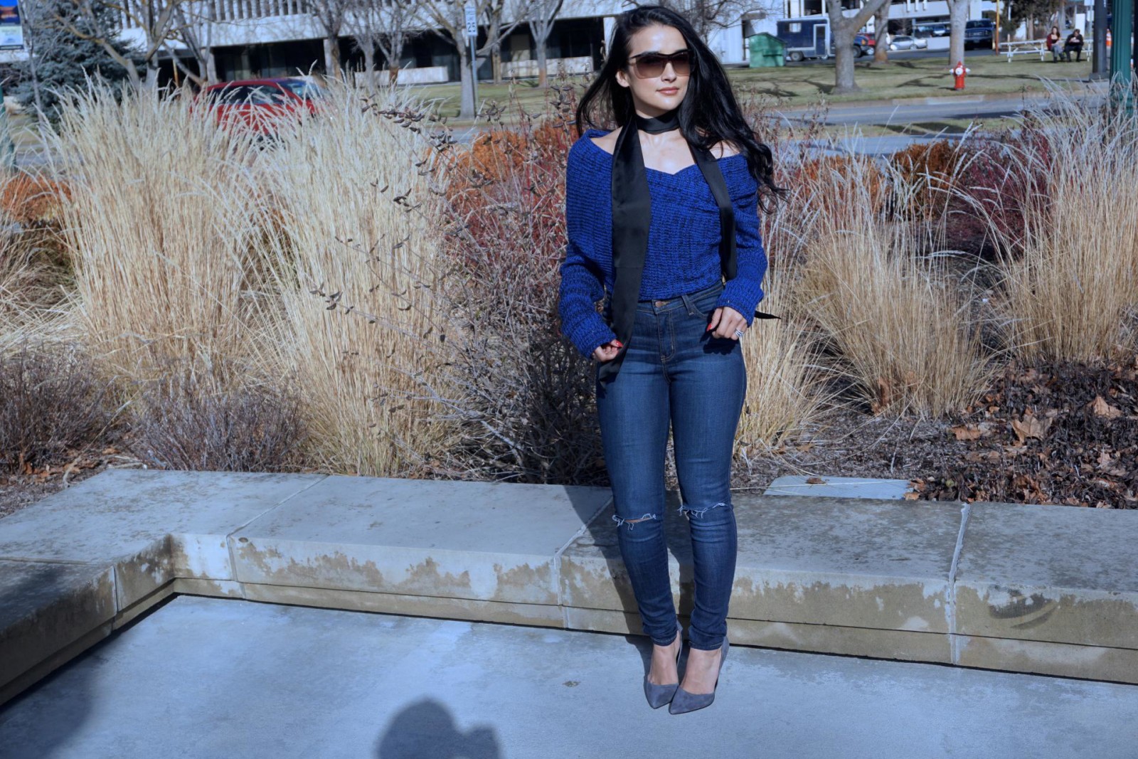 SheIn.com, Blue Boat Neck Cross Front Crop Sweater, Satin Skinny Tie Scarf, URBAN OUTFITTERS, STEVE MADDEN SUEDE GREY PUMPS, ROYAL BLUE, NECESSARY CLOTHING JEANS