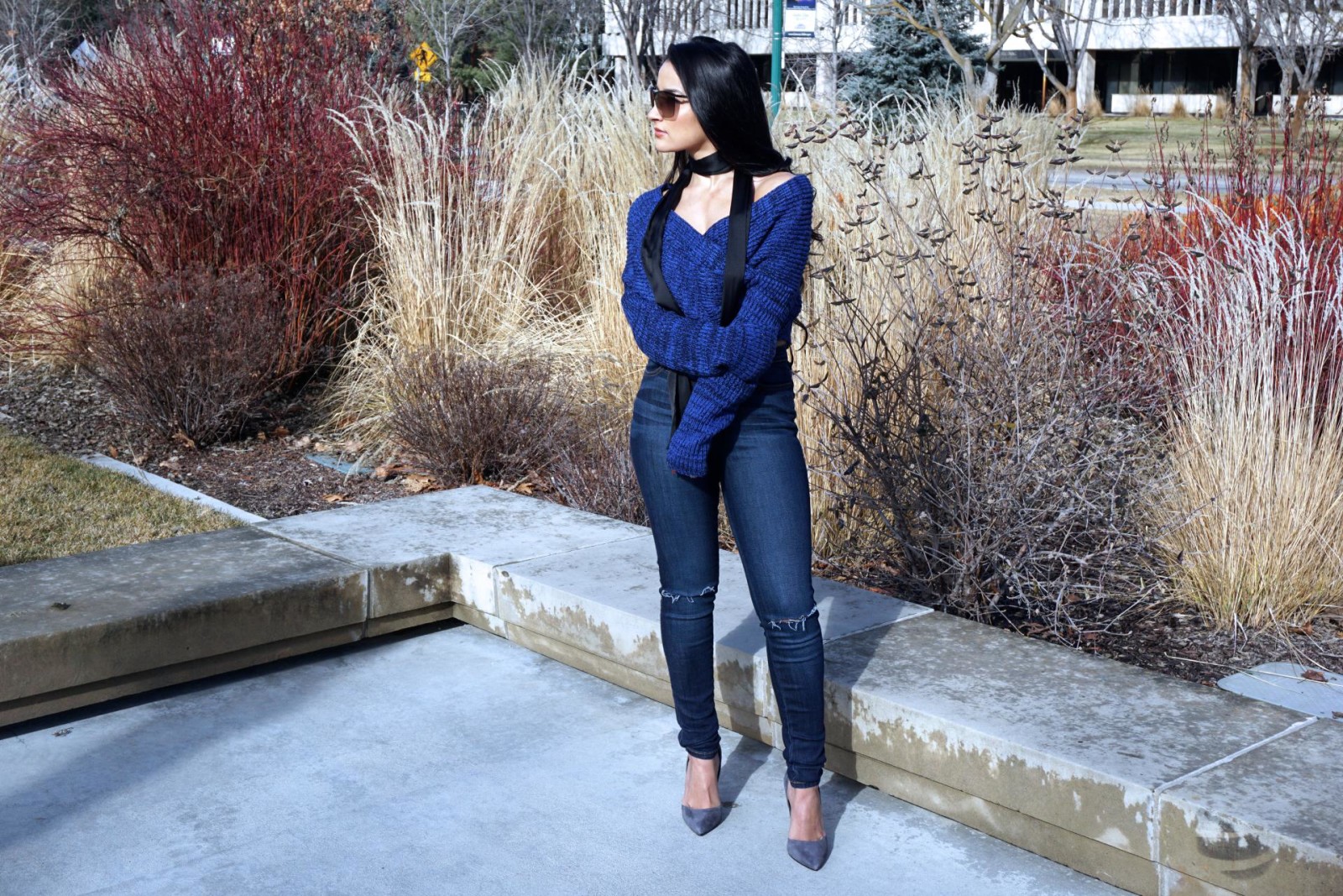 SheIn.com, Blue Boat Neck Cross Front Crop Sweater, Satin Skinny Tie Scarf, URBAN OUTFITTERS, STEVE MADDEN SUEDE GREY PUMPS, ROYAL BLUE, NECESSARY CLOTHING JEANS