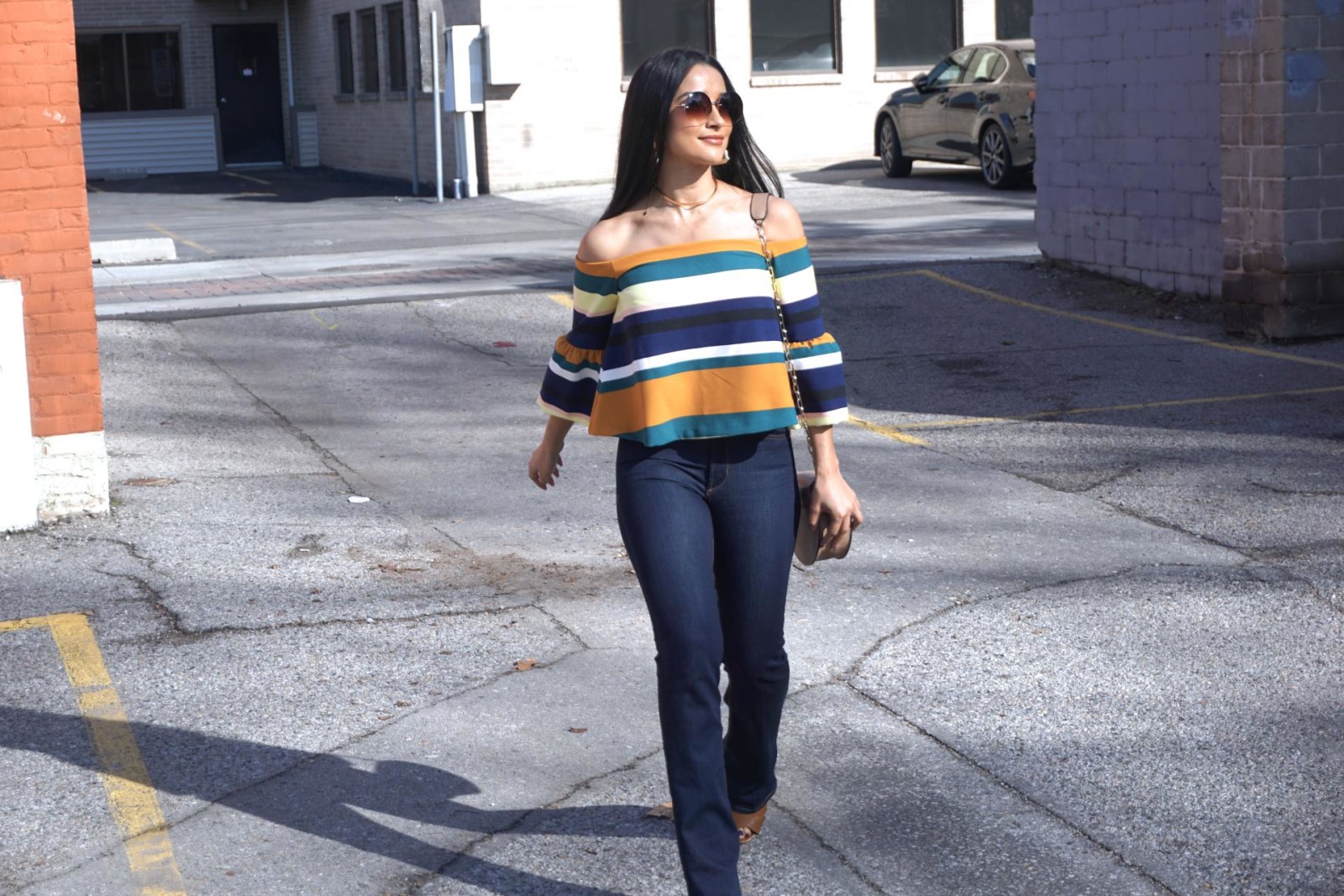 Striped Top, Zara Top, Zara Flares, Clogs, off the shoulder to, bell sleeves