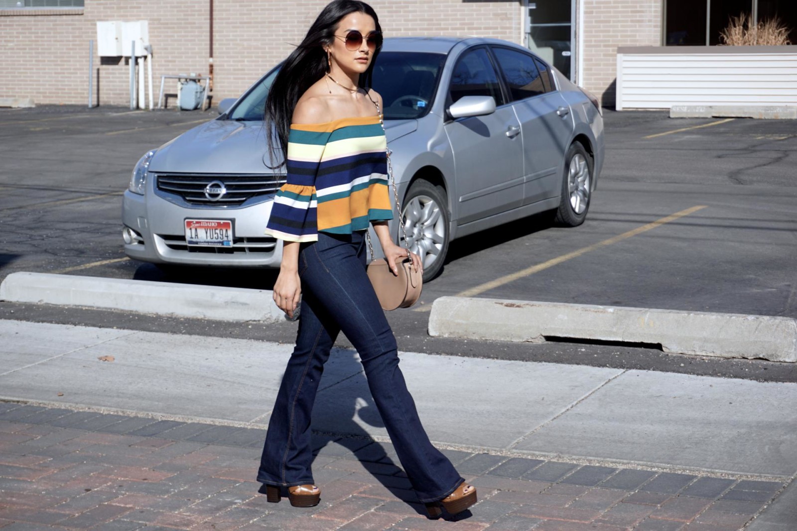 Striped Top, Zara Top, Zara Flares, Clogs, off the shoulder to, bell sleeves