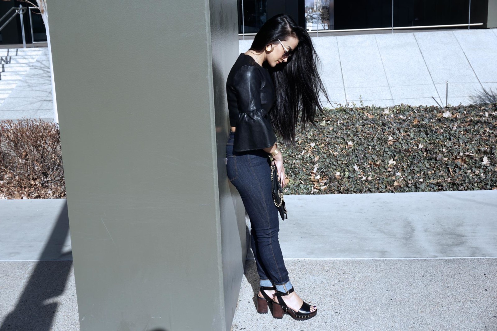 Nasty Gal Party Town Bell Sleeve Top, Long Hair, Black leather, Zara Shoes, Sandals with Ankle strap and track sole, Black sandals, Spring shoes, Dark denim, cuffed jeans
