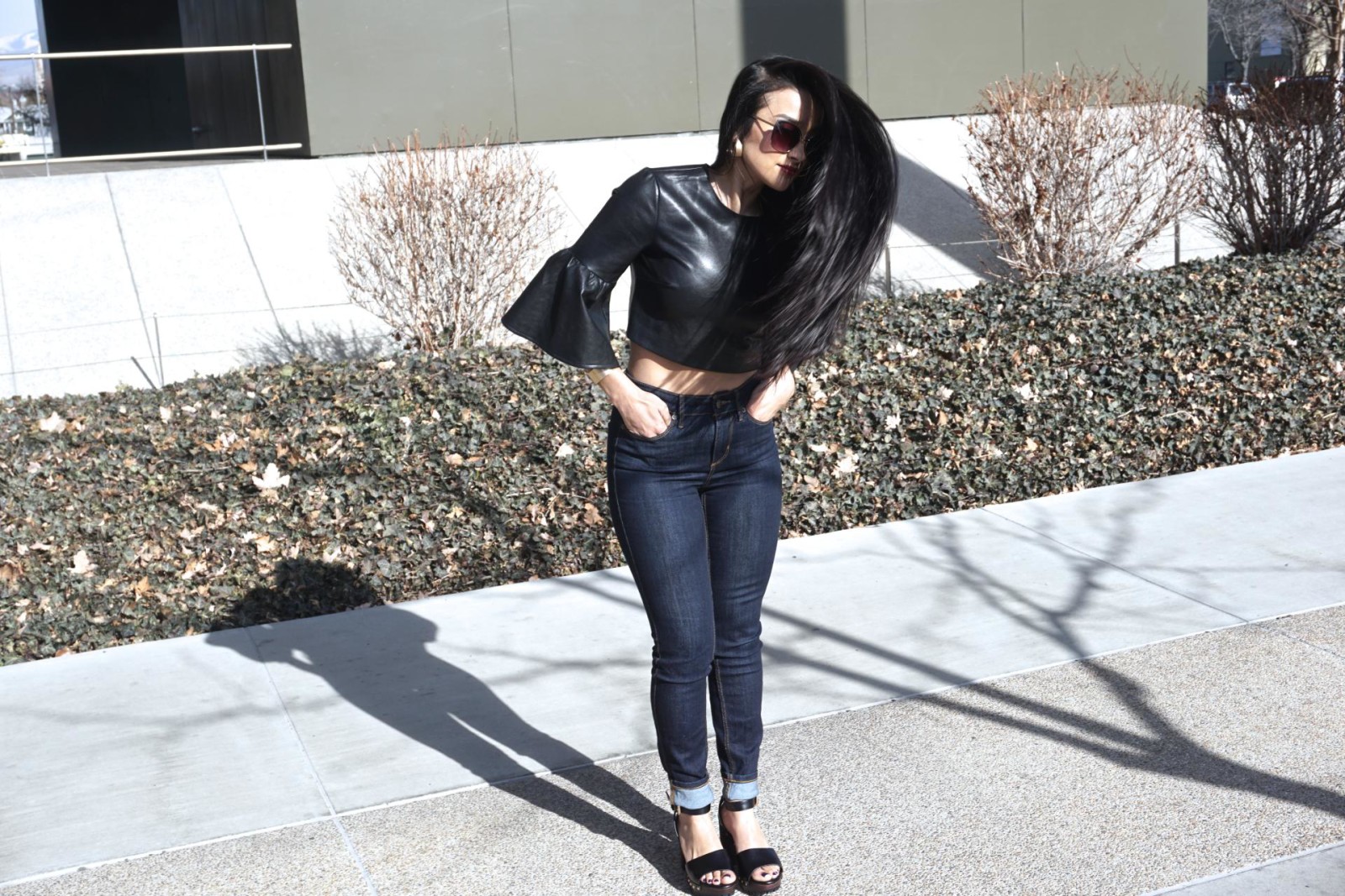 Nasty Gal Party Town Bell Sleeve Top, Long Hair, Black leather, Zara Shoes, Sandals with Ankle strap and track sole, Black sandals, Spring shoes, Dark denim, cuffed jeans