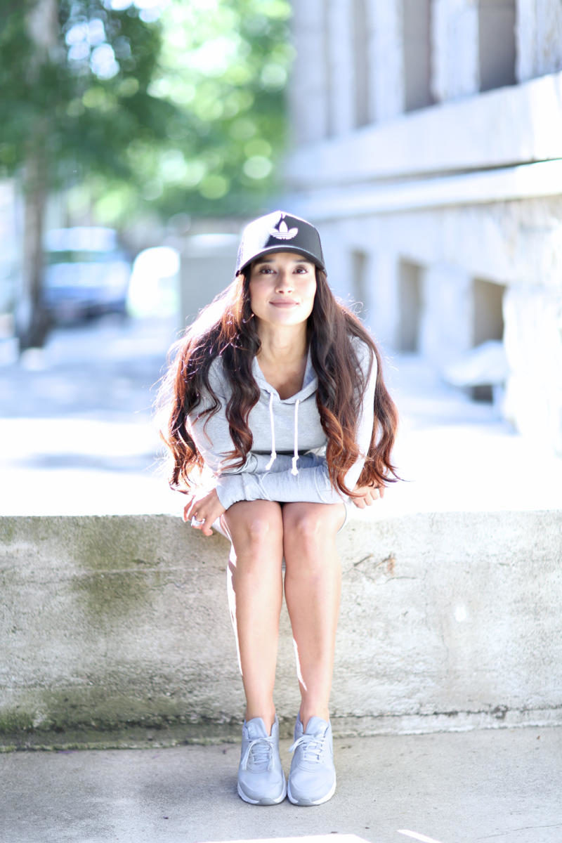 Sporty Outfit, Adidas hat, Tobi.com 2 piece, nike air max, comfy fashion, 2 piece outfit, long hair