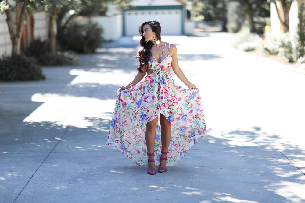 Summer dress, floral print dress, Necessary clothing, high low dress, floral dress, Aldo choker, Fushia heels,