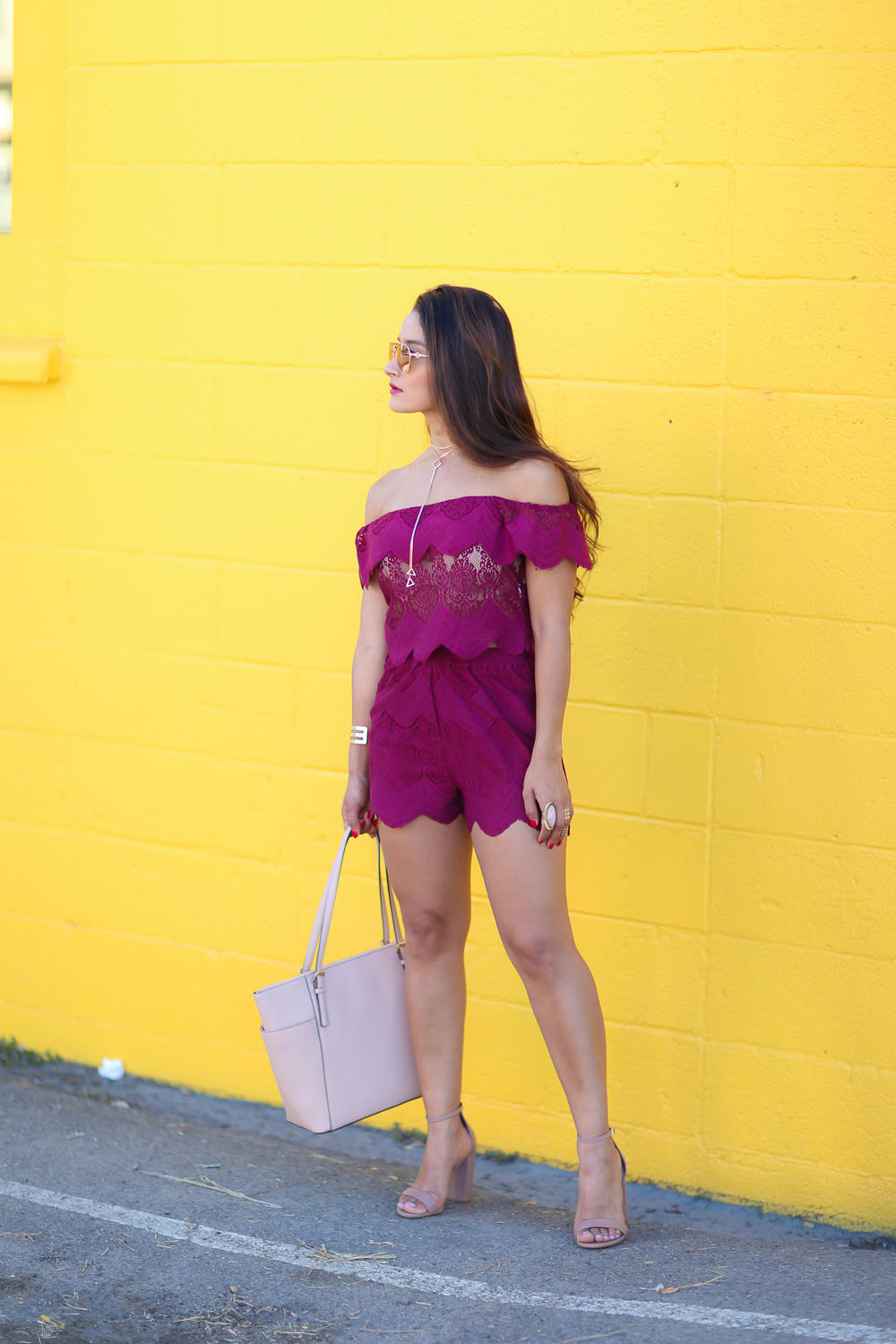 lace runner shorts purple, Missguided, matching lace set, lace shorts, lace off the shoulder top,